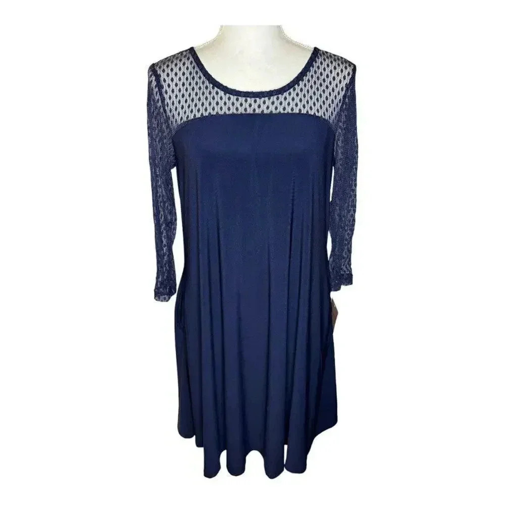 NEW Nina Leonard Women’s Medium Navy Blue Mesh Yoke Trapeze‎ Dress NWT